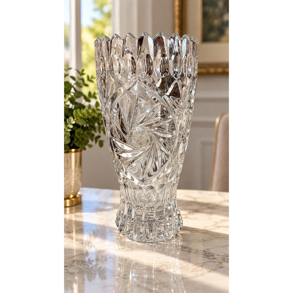 Vintage Zajecar 24% Lead Crystal Vase 10" Pinwheel Star of David Yugoslavia